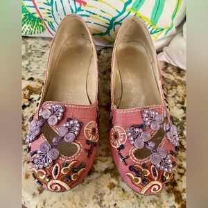 HYND Vintage Pink Silk Beaded Embroidered Oriental Shoes Sz EU 37